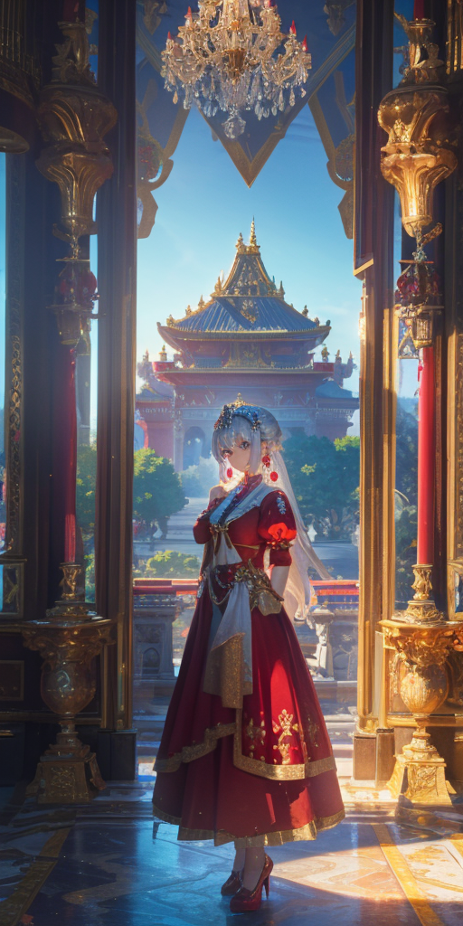00297-401523517-1Girl, full body, elegant, white hair, green eyes, intricate red gown, silver earrings, palace interior background, golden chand.png